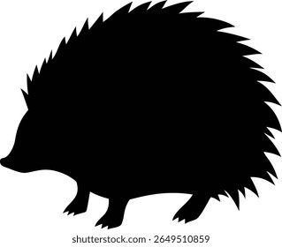 This image features a high-contrast, silhouetted hedgehog. The hedgehog is facing left, revealing its snout and short legs. The background is a solid, bright white.