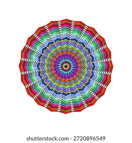 This image features a highly detailed and vibrant circular pattern, reminiscent of a kaleidoscopic mandala. It is composed of numerous concentric rings, each meticulously crafted from small, angular, chevron-like segments. The pattern radiates outwards from a bright yellow and purple center, expanding into a rich spectrum of colors including deep reds, various blues, refreshing greens, and dynamic purples. The geometric precision creates a mesmerizing optical illusion of depth and movement. The intricate design is set against a pristine white background, allowing the colorful artwork to stand out vividly. This abstract piece showcases symmetrical beauty and a harmonious blend of hues, inviting contemplation and visual delight.