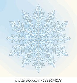 This image features a highly detailed, symmetrical ice crystal with delicate branching patterns. The geometric structure is rendered in shades of cool blue and white, creating a crisp and clean aesthetic. The soft, blurred background enhances the focus on the complex geometry of the water molecule, evoking a sense of winter serenity and natural elegance