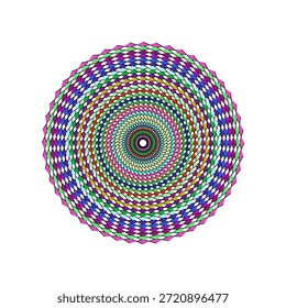 Esta Imagen presenta un diseño radial muy intrincado y visualmente cautivador, caracterizado por una disposición en espiral de innumerables Formas de rombo Pequeñas y coloridas. El patrón emana de un punto central, expandiéndose gradualmente hacia afuera, con cada anillo concéntrico mostrando una combinación diferente de tonos vibrantes como púrpura, azul, verde, amarillo, naranja, rojo y rosa. La colocación cuidadosa y la coloración variada de los rombos crean una sensación dinámica de profundidad y movimiento, dando la impresión de un vórtice giratorio o una ilusión óptica. El efecto general es de una complejidad hipnotizante y una belleza rítmica, representada sobre un fondo blanco limpio que realza su viveza.
