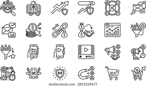 This image features a high-quality grid of twenty-four distinct black and white outline icons, each symbolizing key concepts in modern business and digital marketing. The collection encompasses a wide range of themes, including search engine optimization, social media engagement, email marketing, data analytics, sales funnels, e-commerce transactions, financial growth, and strategic planning. The clean, minimalist line art style makes these icons ideal for professional presentations, website dashboards, projects, and educational materials. Each icon is carefully crafted to communicate complex ideas like lead generation, video marketing, and automation through simple visual metaphors, providing a versatile toolkit for creative professionals looking to enhance their digital interfaces with clear, recognizable, and modern graphic elements.