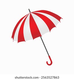 This image features a high-quality vector illustration of a classic red and white striped umbrella. The umbrella has a sleek black handle with a red hook at the end, making it both stylish 