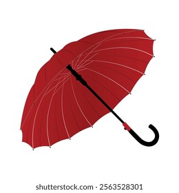 This image features a high-quality vector illustration of an elegant red umbrella with a black curved handle. The umbrella is open, showcasing its stylish design and detailed structure,