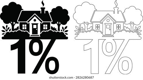 This image features a house and trees in a bold silhouette style, combined with a percentage sign, representing real estate offers.