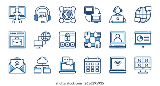 Esta Imagen presenta ícono, negocio, tecnología, plano, línea, azul, blanco, fondo. Conjunto de iconos de línea plana de negocios y Tecnología con acentos azules sobre un fondo blanco