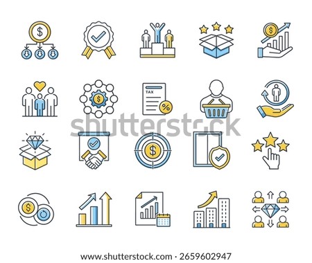 This image features icon, business, finance, vector, success, growth, financial, management. Collection of Business and Finance Icons Representing Success Growth and Financial Management in Vector