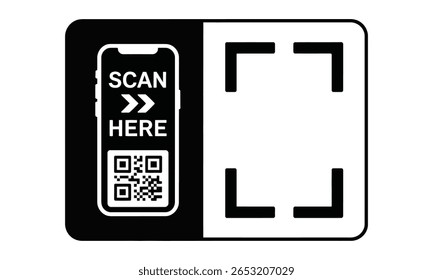 This image features an icon divided into black and white halves, showing a mobile phone with a QR code and scan prompt on one side and a scan symbol on the other.