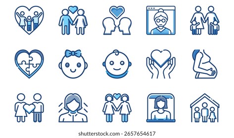 Esta Imagen presenta ícono, familia, amor, relación, conexión, pareja, bebé, corazón. Colección de íconos de línea azul que representan las relaciones amorosas familiares y los conceptos de conexión
