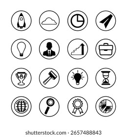 Esta imagem apresenta ícone, ícones, conjunto, negócios, inicialização, vetor, preto, branco. Ícone de vetor de inicialização e empresa definido em preto e branco sobre fundo transparente