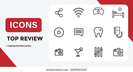 This image features icon, outline, share, wifi, nurse, medical, circle, chat. Collection of various outline icons representing different services and functionalities on white background