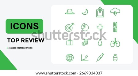 This image features icon, outline, green, vector, set, symbol, graphic, design. Green outline icon set representing diverse concepts on a white background