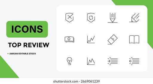 Esta Imagen presenta ícono, línea delgada, negocios, finanzas, escudo, cancelar, actualizar, lápiz. Conjunto de iconos de línea delgada para el diseño de conceptos de negocios y finanzas