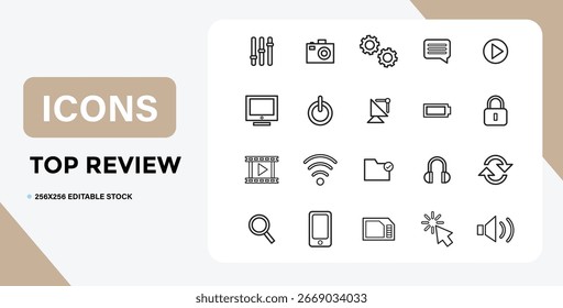Esta imagem apresenta ícone, vetor, linha, contorno, fino, símbolo, sinal, móvel. Conjunto de ícones de linha fina para aplicativo móvel e design da Web