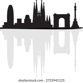 Esta Imagen presenta la silueta icónica del horizonte de Barcelona, mostrando sus Lugares famosos arquitectónicos más reconocibles. El horizonte incluye la Sagrada Familia, el Arco del Triunfo y la Torre Glòries. El reflejo de estas estructuras se ve en el agua de abajo, creando una composición simétrica y visualmente atractiva.