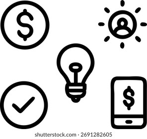 This image features icons representing business concepts such as ideas, money, and success. It includes symbols for finance, investment, and overall business growth.