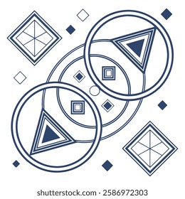 This image features an intricate abstract design composed of interlocking circles, triangles, and squares in a navy blue color scheme on a white background.