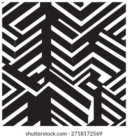 Esta Imagen presenta un intrincado patrón en blanco y negro compuesto de Formas y líneas geométricas. El diseño crea una sensación de profundidad y complejidad con sus formas repetitivas y entrelazadas. El marcado contraste entre las áreas blancas y negras se suma al impacto visual, haciendo que el patrón sea atractivo y visualmente llamativo.
