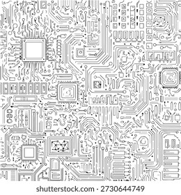 This image features an intricate digital circuit board pattern, ideal for showcasing technology, computing, and electronic themes. Perfect for websites, presentations, advertising, and social media posts related to innovation, data, AI, and futuristic concepts. It highlights connectivity and modern engineering.