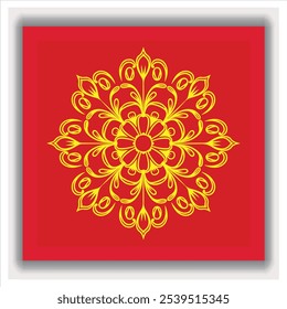 This image features an intricate, symmetrical mandala design with golden patterns on a red  background. The mandala consists of detailed petal and teardrop shapes radiating from the center.