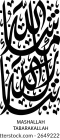 This image features an intricate vertical piece of Islamic calligraphy of the phrase "Mashallah Tabarakallah" (ما شاء الله تبارك الله), meaning "What Allah has willed, Allah blesses." The Arabic scrip