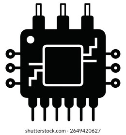 This image features an isolated view of a black computer microchip, presenting its detailed connection pins and a distinct internal square shape against white background.