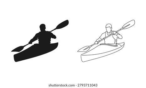 This image features a kayaker in a boat, depicted as a solid black silhouette against a white background. The style