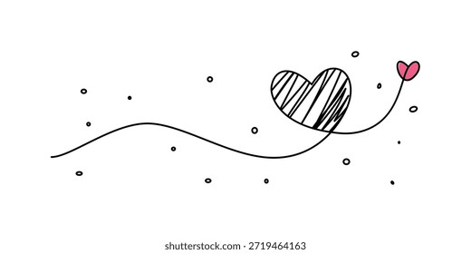 Dieses Bild zeigt ein großes, rosafarbenes Herz als zentrales Element, umgeben von verschiedenen dekorativen Symbolen. Das Herz ist schwarz umrissen und wird von kleineren Herzen, Linien und abstrakten Formen begleitet. Das Gesamtdesign ist skurril und künstlerisch, mit einem Schwerpunkt auf Liebe und Zuneigung.