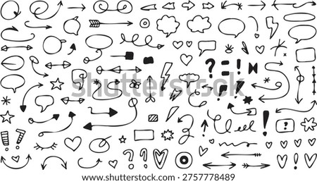 This image features a large set of hand-drawn doodle elements isolated on a white background. It includes a variety of arrow styles, speech bubbles, hearts, stars, lightning bolts, question marks, exclamation points, and other geometric shapes. The sketches are rendered in a casual, sketchy black ink style, making them ideal for digital scrapbooking, notes, bullet journaling, or graphic design projects that require a playful, organic, and hand-crafted aesthetic.
