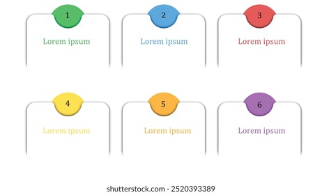This image features layout with six numbered sections, each containing placeholder text. sections are visually distinct, with colorful headers and clean design, ideal for presentations or.