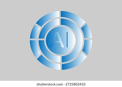 Dieses Bild zeigt die Buchstaben "AI" in der Mitte einer zielähnlichen oder segmentierten Kreisgrafik. Das gesamte Symbol verwendet einen blauen Farbverlauf auf grauem Hintergrund.