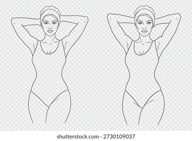 This image features a line art illustration of a woman in a swimsuit posing with her hands on her head, showcasing a confident and relaxed attitude. The illustration is presented in two identical versions, side by side, with a subtle difference in shading, highlighting the versatility of the design for various applications in fitness and wellness contexts.