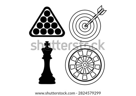 This image features line art depictions of a billiards triangle, dartboard with dart, chess king, and dartboard on a white