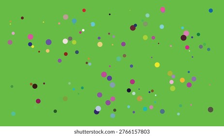 This image features a lively abstract composition of multicolored circular dots scattered across a solid green backdrop. The dots vary in size and hue, creating a dynamic and visually engaging.