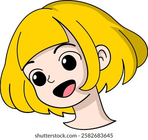 This image features a lively cartoon style illustration of a blonde girl with a bright smile and expressive black eyes