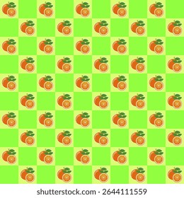 This image features a lively, colorful fruit-themed pattern arranged in a checkerboard layout. 