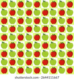 This image features a lively, colorful fruit-themed pattern arranged in a checkerboard layout. 
