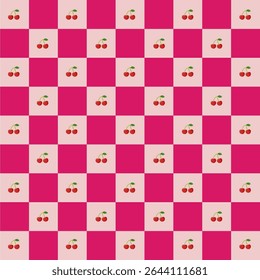 This image features a lively, colorful fruit-themed pattern arranged in a checkerboard layout. 