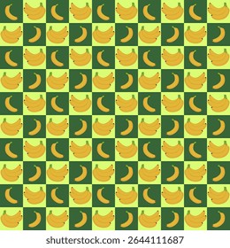 This image features a lively, colorful fruit-themed pattern arranged in a checkerboard layout. 