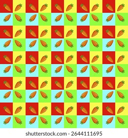 Esta Imagen presenta un patrón animado y colorido con temática de frutas organizado en un diseño de tablero de ajedrez. 