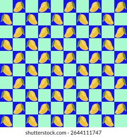 This image features a lively, colorful fruit-themed pattern arranged in a checkerboard layout. 