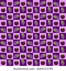 This image features a lively, colorful fruit-themed pattern arranged in a checkerboard layout. 