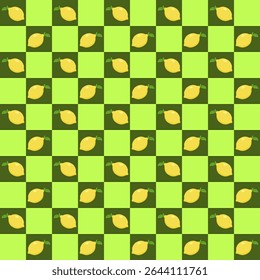 This image features a lively, colorful fruit-themed pattern arranged in a checkerboard layout. 