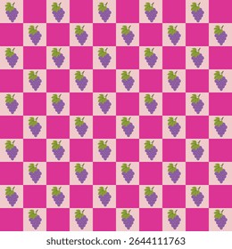 Esta Imagen presenta un patrón animado y colorido con temática de frutas organizado en un diseño de tablero de ajedrez. 
