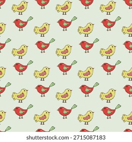 This image features a lively and colorful pattern of red and yellow birds. The birds are arranged in a repeating sequence, creating a cheerful and whimsical design. The red birds have bright yellow chests, while the yellow birds have red chests, adding a delightful contrast.