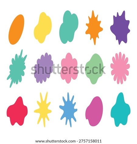 This image features a lively and diverse collection of abstract splatters, bursts, and organic shapes, all rendered in a bright and energetic color palette. Each element conveys a sense of dynamism and playful spontaneity, making them ideal for projects that require a vibrant, attention-grabbing, or artistic touch, from party invitations to graphic overlays and youthful designs.