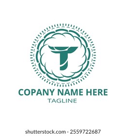 This image features a logo design with a stylized "T" in the center, surrounded by an intricate circular pattern resembling interlocking waves or leaves. The pattern creates a detailed and symmetrical