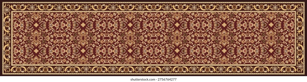 This image features a long, horizontal Persian-style carpet pattern designed in a seamless runner format. The composition is highly symmetrical, filled with repeating floral motifs, delicate vines, and intricate arabesque details that extend continuously across the surface.

The dominant color is deep burgundy red, complemented by gold, beige, olive green, and cream tones, creating a rich and elegant visual effect. The borders are layered with ornate floral bands, enhancing the structure and giving the design a refined, classic appearance.

This type of layout is ideal for extended surfaces, showcasing traditional Middle Eastern craftsmanship with a luxurious and timeless aesthetic.