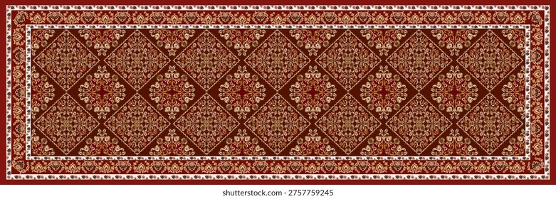 This image features a long, horizontal Persian-style carpet pattern designed in a seamless runner format. The composition is highly symmetrical, filled with repeating floral motifs, delicate vines, and intricate arabesque details that extend continuously across the surface.

The dominant color is deep burgundy red, complemented by gold, beige, olive green, and cream tones, creating a rich and elegant visual effect. The borders are layered with ornate floral bands, enhancing the structure and giving the design a refined, classic appearance.

This type of layout is ideal for extended surfaces, showcasing traditional Middle Eastern craftsmanship with a luxurious and timeless aesthetic.
