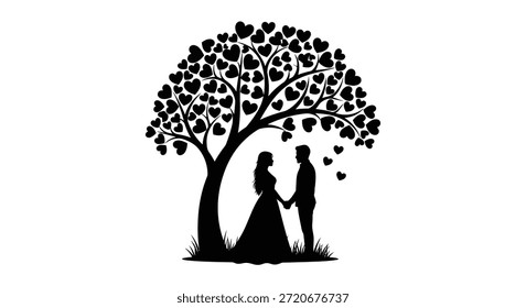 This image features a lovely couple and a heart-shaped tree, presented in a captivating silhouette style.