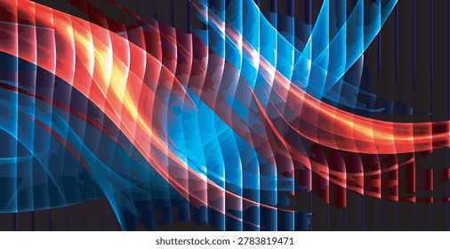This image features a mesmerizing abstract composition with wavy blue and red neon light strips set against a dark background, creating a futuristic and dynamic visual effect with a glowing atmosphere